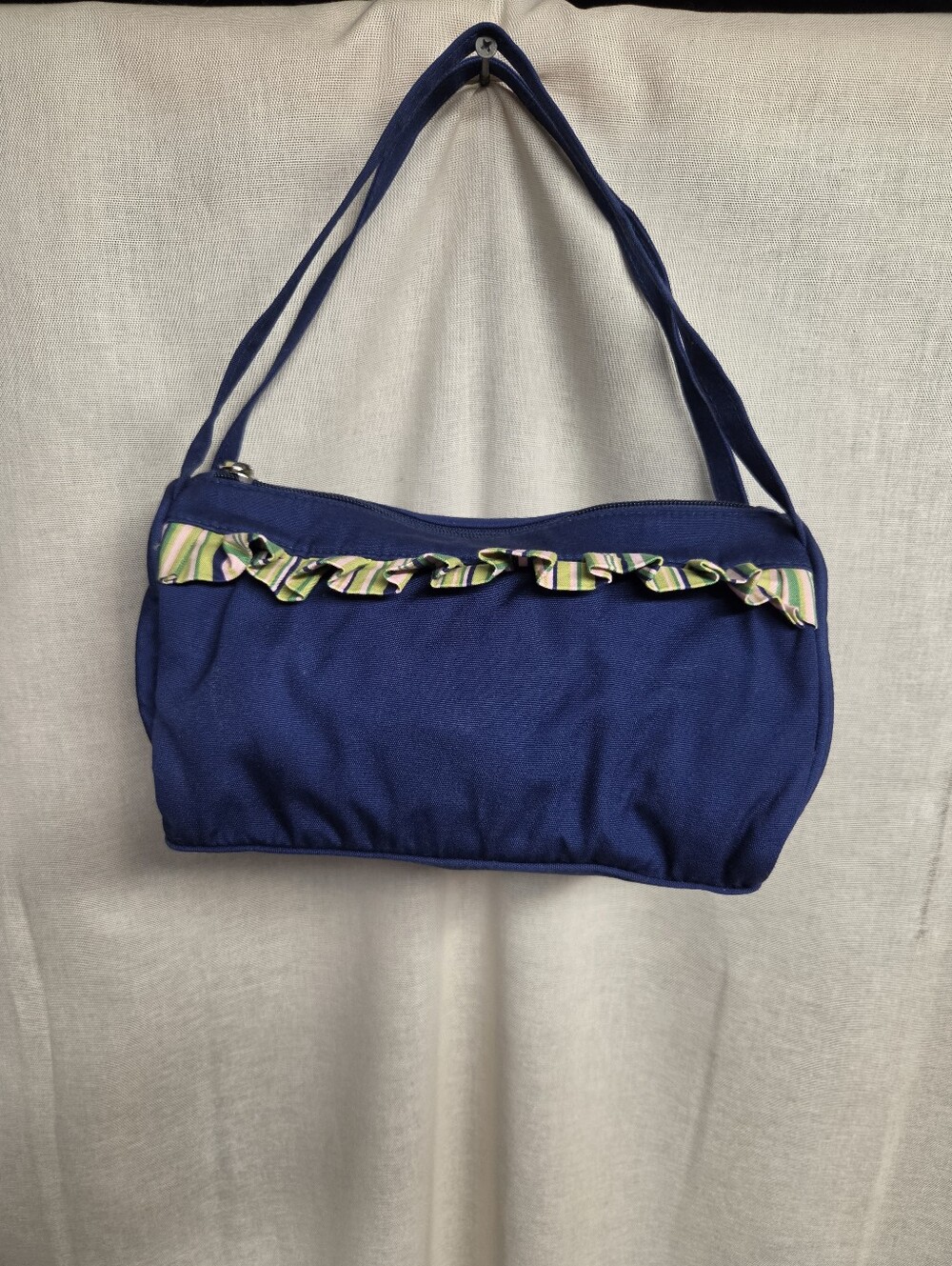 Vintage Victoria's Secret Blue Women's Shoulder Bag with Striped Ruffle Accents